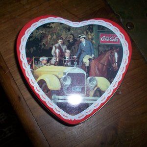 Coca-Cola Heart Shaped Tin Vintage Car & Horse Rider 1997 ~4.75" Empty metal Box